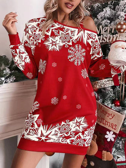 Bodycon Long Sleeves Contrast Color Printed Split-Joint One-Shoulder Midi Dresses