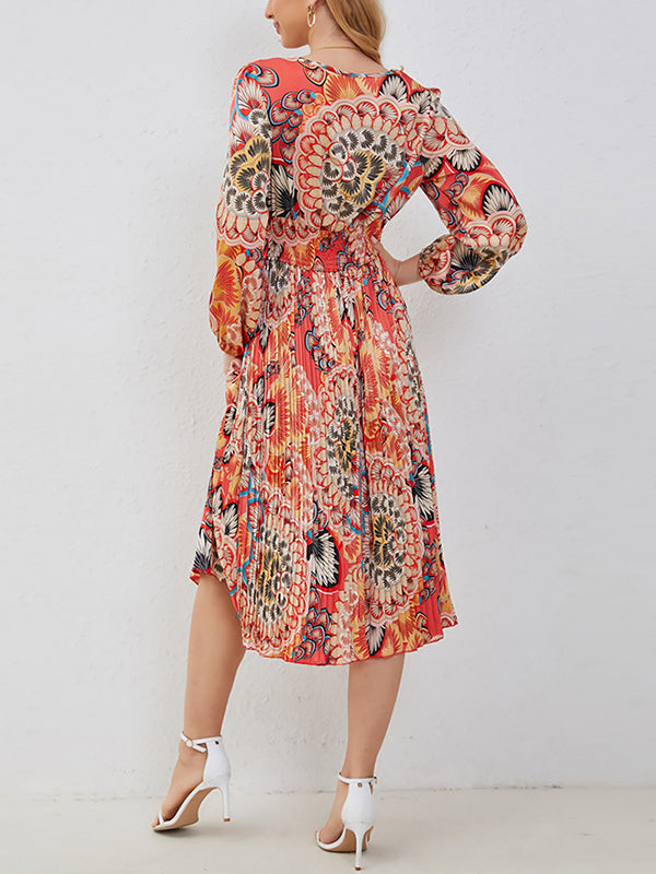 A-Line Bishop Sleeve Elasticity Flower Print Pleated V-Neck Midi Dresses