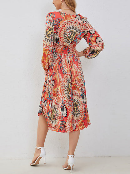 A-Line Bishop Sleeve Elasticity Flower Print Pleated V-Neck Midi Dresses