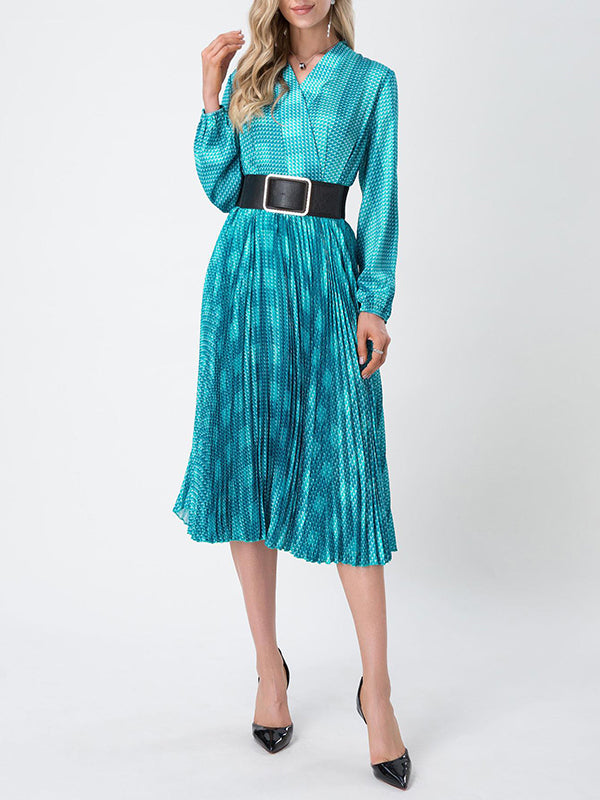 Long Sleeves Loose Belted Pleated Printed V-Neck Midi Dresses