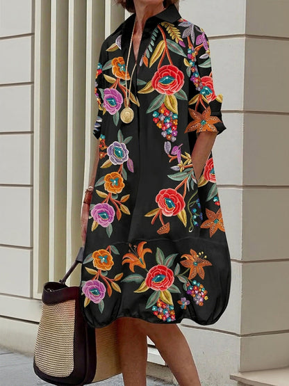 A-Line Half Sleeves Buttoned Contrast Color Flower Print Pockets Lapel Midi Dresses Shirt Dress