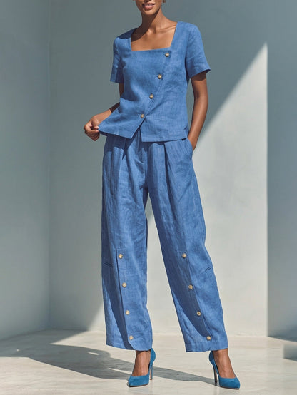 Loose Wide Leg Buttoned Pockets Solid Color Pants Trousers