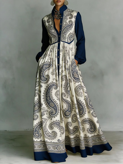 A-Line High Waisted Buttoned Contrast Color Pleated Pockets Printed Stand Collar Maxi Dresses