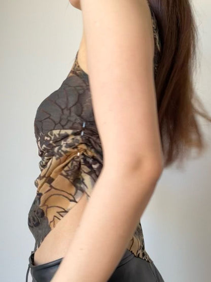 Loose Skinny Asymmetric Pleated Printed One-Shoulder Vest Top
