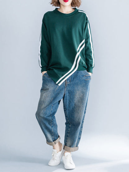Cropped Long Sleeves Striped Round-Neck Hoodies&Sweatshirt