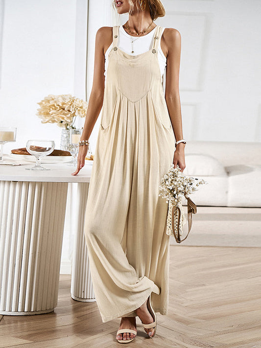 Loose Sleeveless Pleated Pockets Split-Joint Spaghetti-Neck Overalls