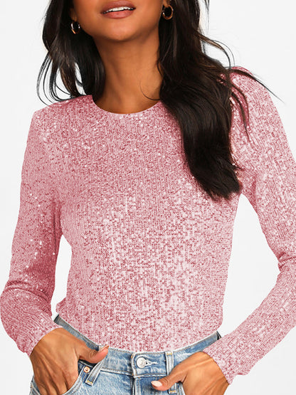 Long Sleeves Skinny Backless Sequined Split-Joint Round-Neck Bodysuits