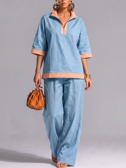 Half Sleeves Contrast Color Zipper V-neck Blouses&shirts Tops + High Waisted Pants Trousers Two Pieces Set