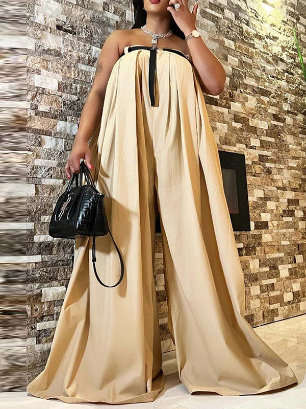 Loose Sleeveless Belted Pleated Pockets Solid Color Tube Jumpsuits
