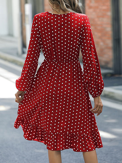 Long Sleeves Loose Elasticity Pleated Polka-Dot Split-Joint V-Neck Midi Dresses