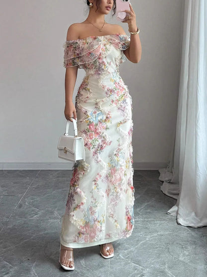 Bodycon Contrast Color Flower Print Ruffle Trim Split-Joint Off-The-Shoulder Midi Dresses
