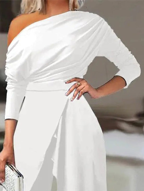 Solid Color One-Shoulder Long Sleeves T-Shirt + High-Waisted Wide Leg Pants Trousers Two Pieces Set