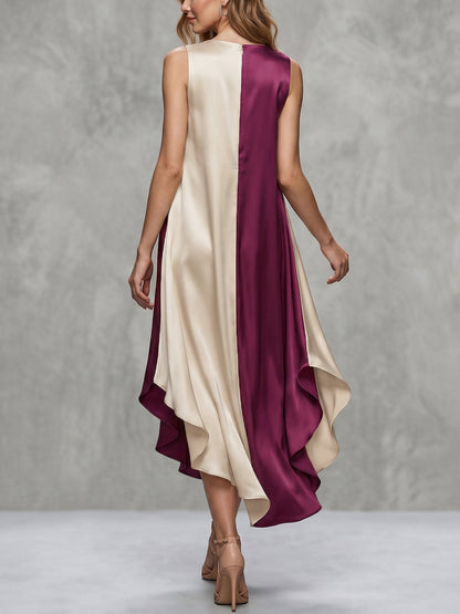 A-Line Loose Contrast Color V-Neck Midi Dresses