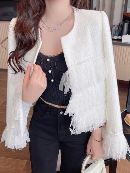 Long Sleeves Loose Buttoned Split-Joint Tasseled Round-Neck Outerwear Woolen Coat