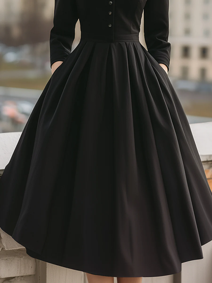 A-Line High Waisted Buttoned Pleated Pockets Solid Color Stand Collar Midi Dresses