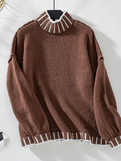 Long Sleeves Loose Contrast Color Split-Joint High Neck Pullovers Sweater Tops