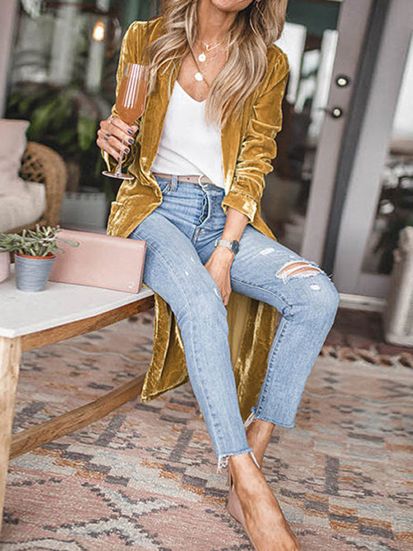 Long Sleeves Loose Pockets Solid Color Split-Joint Velvet Collarless Outerwear