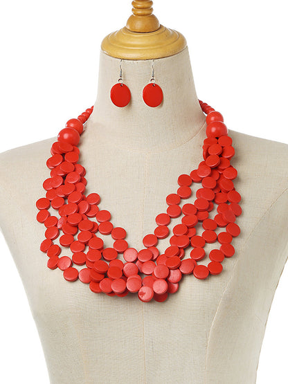 Rustic Charm Multi-Layer Wood Bead Necklace & Earring Set
