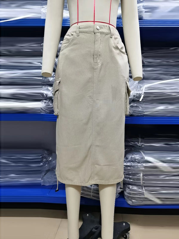 A-Line Buttoned Drawstring Pockets Solid Color Split-Side Skirts Bottoms