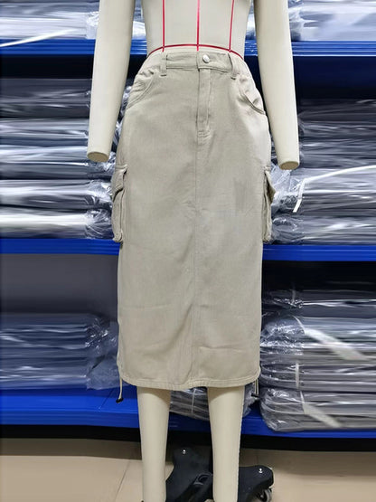 A-Line Buttoned Drawstring Pockets Solid Color Split-Side Skirts Bottoms