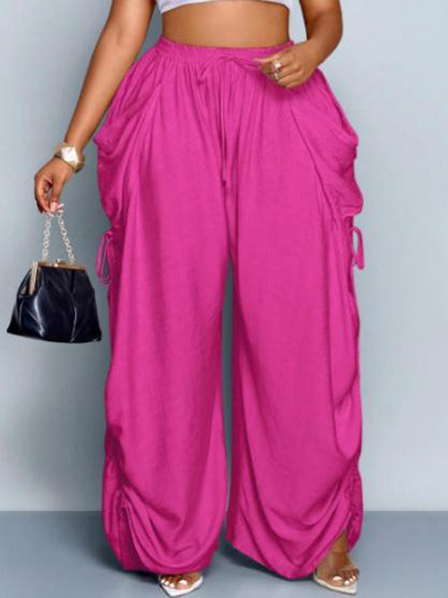 Split-Joint Pockets Elasticity Drawstring Wide Leg Plus Size Trousers Pants