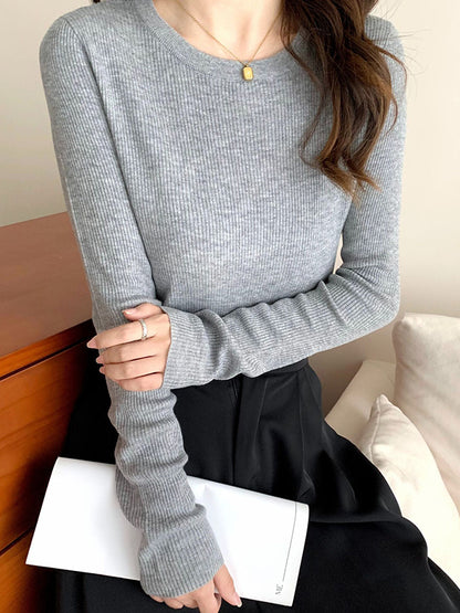 Long Sleeves Skinny Solid Color Round-Neck Knitwear Pullovers Sweater Tops