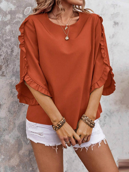 Batwing Sleeves Long Sleeves Ruffled Solid Color Split-Joint Round-Neck Blouses&Shirts Tops