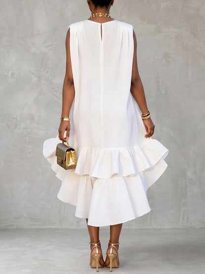 High-Low Loose Pleated Ruffled Solid Color Deep V-Neck Mini Dresses
