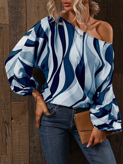 Long Sleeves Loose Asymmetric Printed One-Shoulder Blouses&Shirts Tops