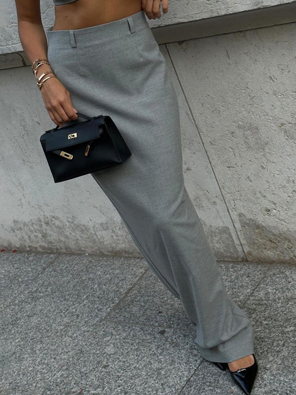 High Waisted Loose No Belt Solid Color Split-Back Split-Joint Zipper Skirts Bottoms