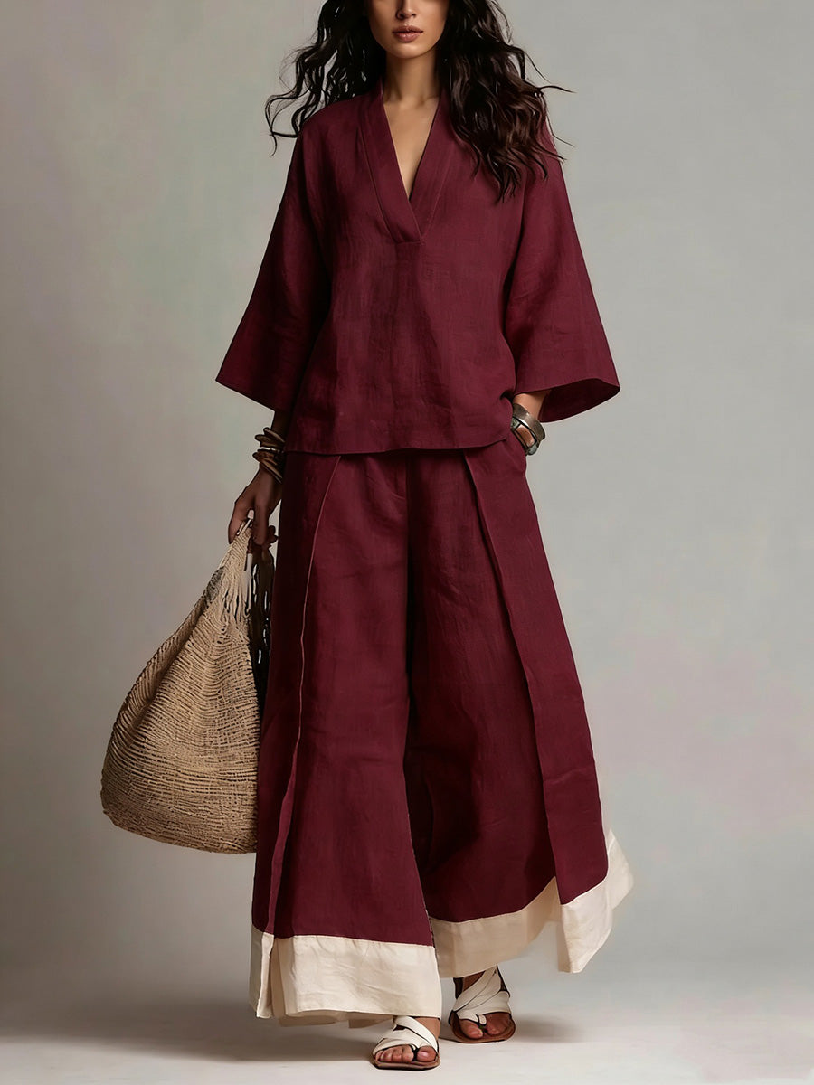 Loose Plus Size Contrast Color Pleated Pockets V-Neck Two Pieces Set