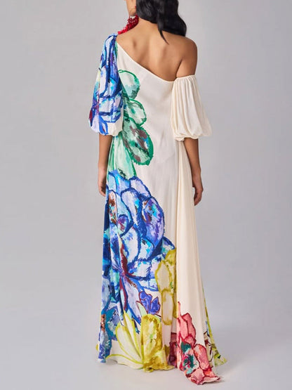 Loose Puff Sleeves Asymmetric Contrast Color Elasticity Flower Print Split-Joint One-Shoulder Maxi Dresses