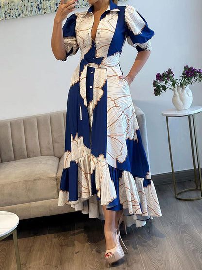 A-Line High Waisted Buttoned Contrast Color Pleated Pockets Split-Joint Lapel Maxi Dresses