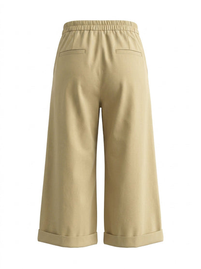 High Waisted Wide Leg Elasticity Pleated Pockets Solid Color Zipper Capri-Pants Cropped Trousers