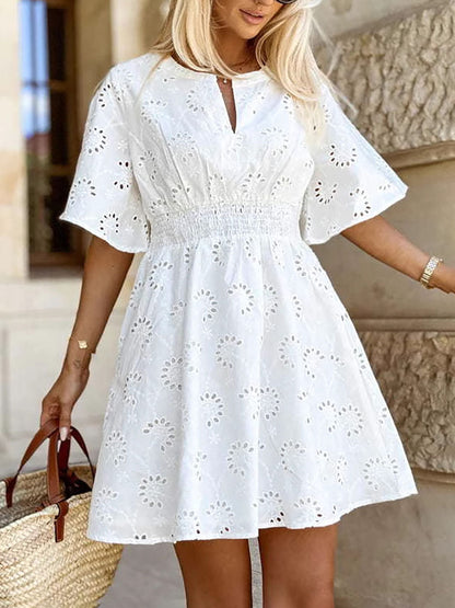 A-line High Waisted Elasticity Hollow Solid Color V-neck Mini Dresses
