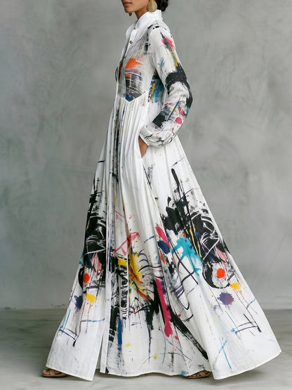 Long Sleeves Loose Buttoned Pleated Pockets Printed Split-Joint Stand Collar Maxi Dresses Shirt Dress
