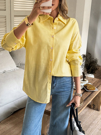 Long Sleeves Loose Buttoned Solid Color Lapel Blouses&Shirts Tops