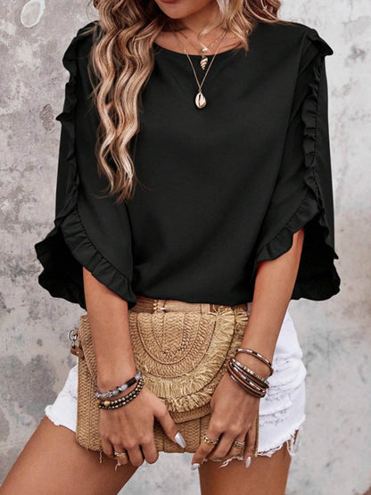 Batwing Sleeves Long Sleeves Ruffled Solid Color Split-Joint Round-Neck Blouses&Shirts Tops
