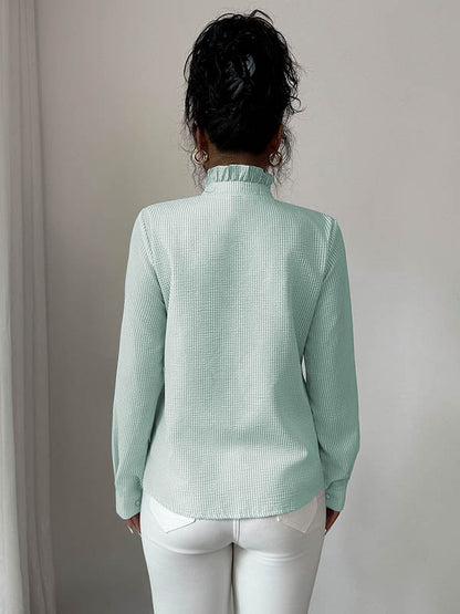 Long Sleeves Skinny Buttoned Ruffled Split-Joint Striped Stand Collar Blouses&Shirts Tops