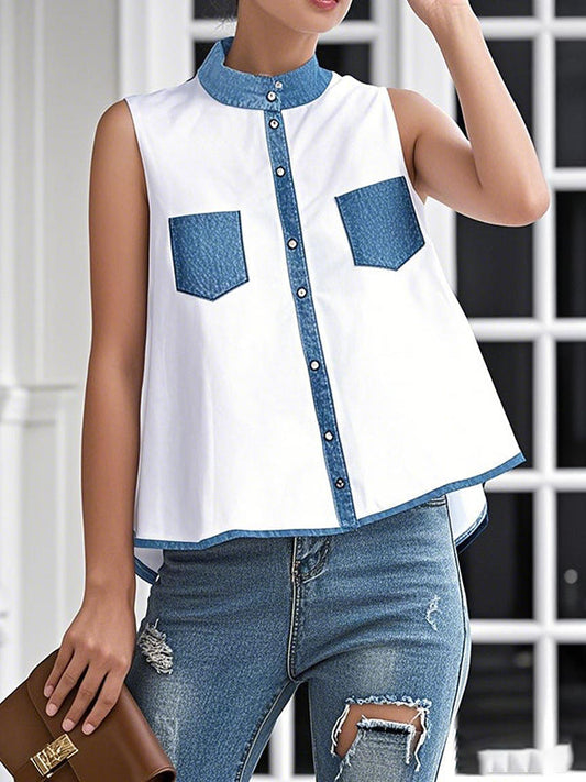 A-Line High-Low Buttoned Contrast Color Pockets Mock Neck Tank Top