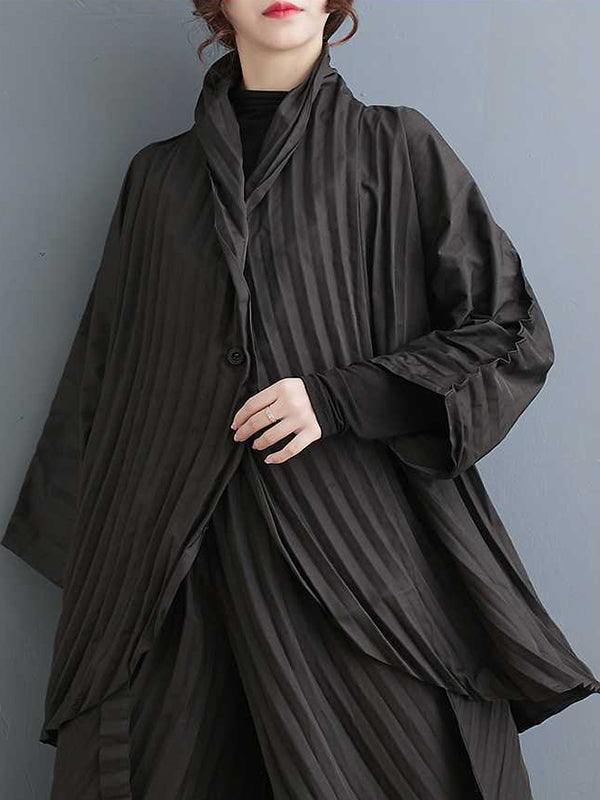 Long Sleeves Loose Buttoned Pleated Solid Color Stand Collar Shirts Top + Pants Bottom Two Pieces Set