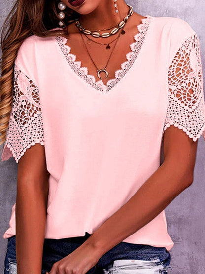 Loose Plus Size Hollow Solid Color Split-Joint V-Neck T-Shirts Tops
