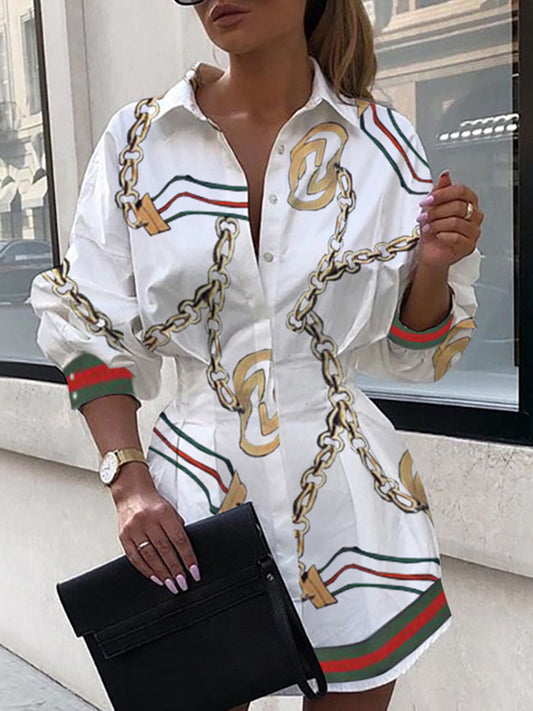 Long Sleeves Skinny Pleated Printed Split-Joint Lapel Mini Dresses Shirt Dress