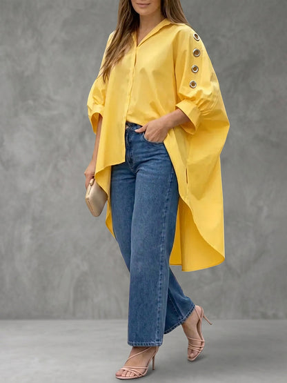 High-Low Loose Buttoned Hollow Pleated Solid Color Lapel Blouses&Shirts Tops