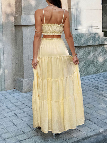 Solid Color Pleated Cropped Ruffled Spaghetti-Neck + A-Line Skirts Bottoms Top Two Pieces Set
