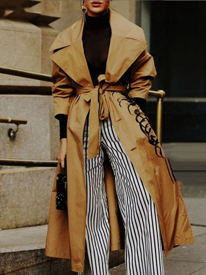 Long Sleeves Loose Printed Split-Joint Tied Waist Lapel Outerwear Trench Coats
