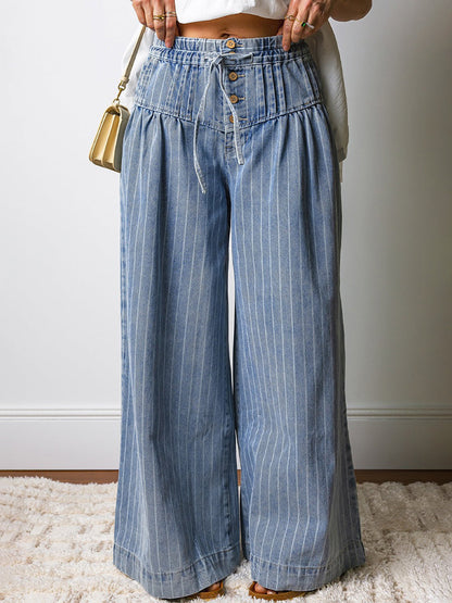 High Waisted Loose Drawstring Elasticity Pockets Jean Pants Bottoms