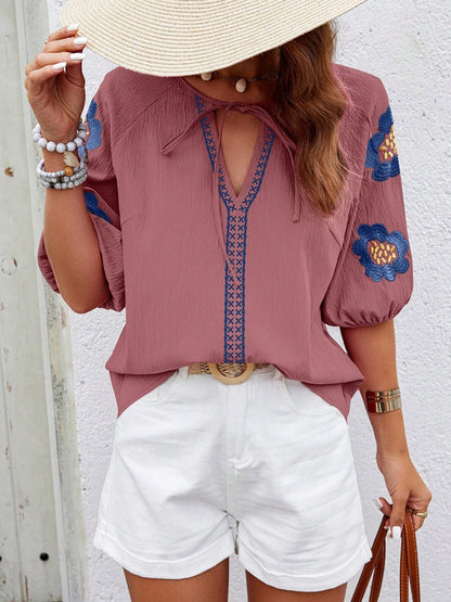 Half Sleeves Loose Contrast Color Embroidered Tied V-Neck Blouses&Shirts Tops