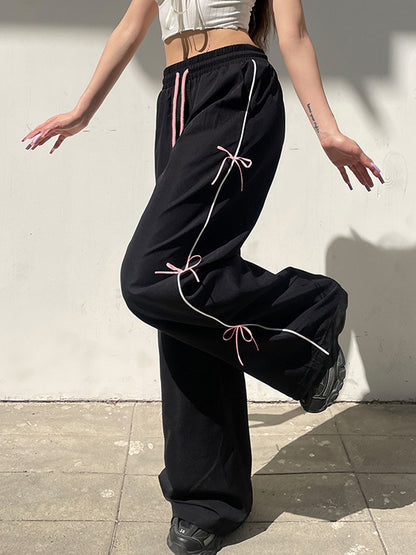 Loose Wide Leg Bowknot Drawstring Elasticity Split-Joint Pants Trousers