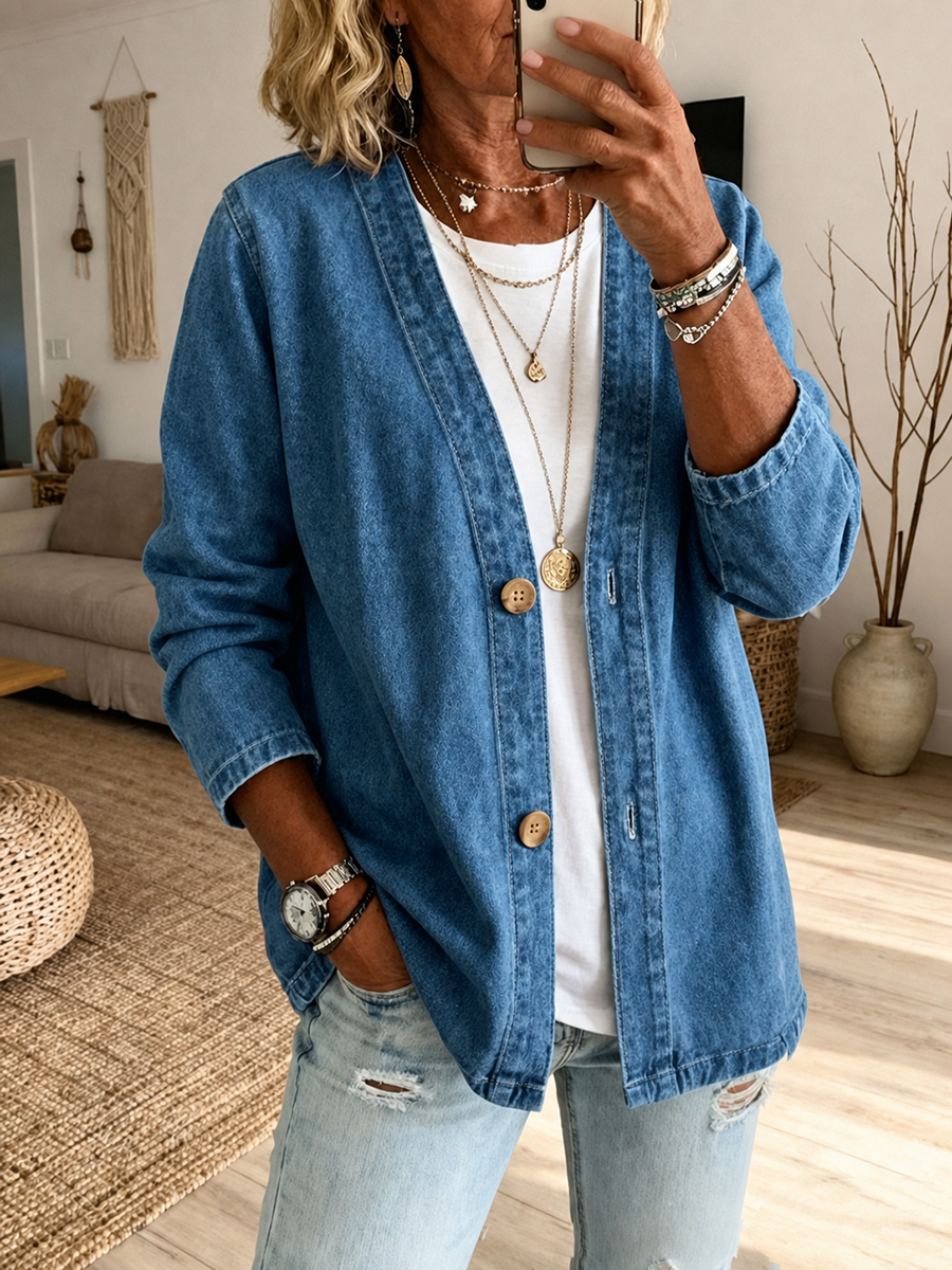 Long Sleeves Plus Size Buttoned Solid Color Collarless Denim Outerwear